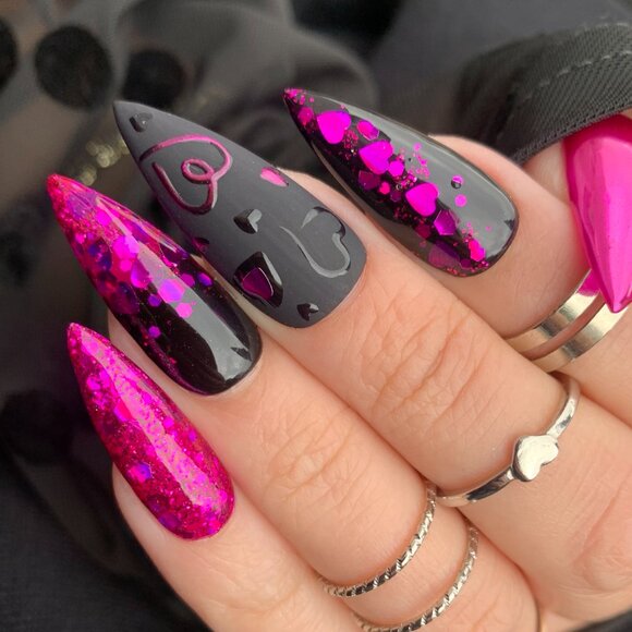 Pink/Purple and Black Valentine's Day Nails, Glitter Valentines Press on Nails, - Picture 2 of 9